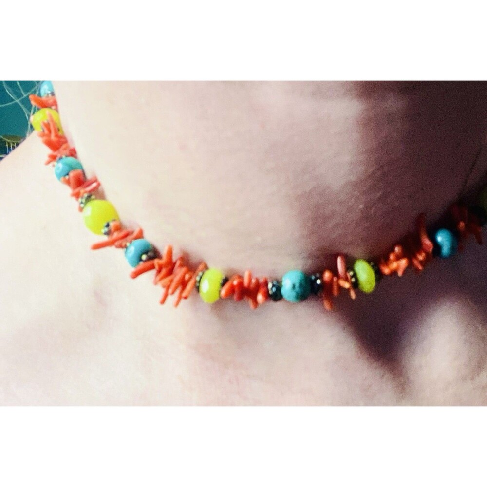 Vintage Sterling Silver Red Coral Turquoise Branch Choker Necklace Southwestern